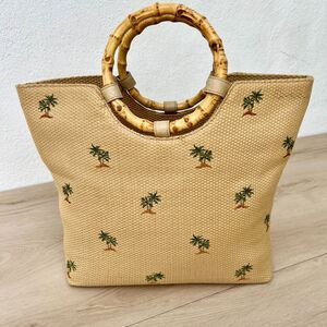 Vintage 80s Sunny Hawaii Embroidered Straw Bamboo Top-Handle Lrg Tote Bag Purse